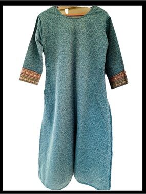 Luv-Kush Silk & Zari Embroidered Indian Kurta Dress Teal Gold Wedding Guest